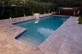 Silver Travertine Pool Surround At Night In Killara Sydney Travertine Backyard Landscaping Designs Travertine Pool