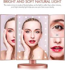 Amazon.com: Flymiro Tri-fold Lighted Vanity Makeup Mirror with 3x/2x  Magnification,21 LEDs Light and Touch Screen,180 Degree Free Rotation  Countertop Cosmetic Mirror,Travel (Rose Gold) : Beauty & Personal Care