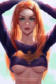 prywinko, barbara gordon, batgirl, batman (series), dc comics, highres,  1girl, arms up, artist name, backlighting, breasts, crop top, diffraction  spikes, freckles, green eyes, lips, long hair, looking at viewer, medium  breasts, no