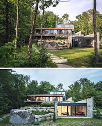 From modest family homes to sprawling estates, we have a rustic ranch incorporating many elements found in nature, modern rustic house plans are designed for comfort and warmth. Wood And Stone Cover The Exterior Of This Multi Level Modern House In The Forest House Designs Exterior House Exterior Forest House