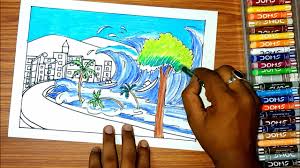 To draw a drop of water, first draw its shape. How To Draw Tsunami Scenery Drawing Step By Step Scenery Drawing Oil Pastel Drawing For Beginners Youtube