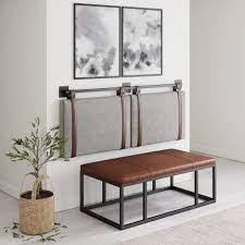 Nathan james harlow king wall mount headboard, faux leather upholstered headboard, adjustable height vintage. Nathan James Harlow King Wall Mount Headboard Light Gray Fabric Upholstered Headboard Adjustable Height Vintage Brown Pu Leather Straps With Black Matte Metal Rail Gray Brown Nathan James