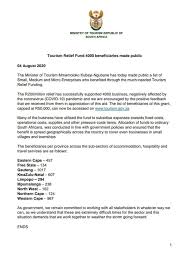 Minister of tourism, ministry of tourism of south africa. South African Government Statement The Minister Of Tourism Mmamoloko Kubayi Ngubane Has Made Public A List Of Small Medium And Micro Enterprises Who Benefited Through The Tourism Relief Funding The List Of