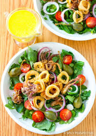 Crispy Fried Calamari Salad With Caperberries And Lemon Aioli Recipe Fried Calamari Salad Delicious Salads