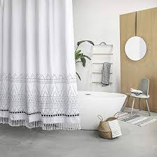 Black And White Fabric Shower Curtain Yokii Tassel Fabric Boho Shower Curtain Shower Curtains Boutique In 2020 Cute Shower Curtains Boho Shower Curtain Bathroom Curtains