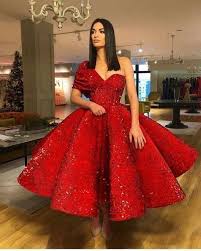 Sparkling Red Sequin Ball Gown Prom Dresses With One Shoulder Tea Length Puffy Cr 5628 Red Prom Dress Red Prom Dress Sparkly Gowns
