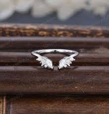 Vintage Rose Gold Open Ring Unique Marquise Cut Moissanite Diamond Curved  Wedding Band Women Solid Gold Matching Bridal Promise Gift for Her