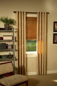 Custom Grommet Drapery Panels With Wood Curtain Rod And Woven Wood Shades Wooden Window Blinds Drapery Panels Wood Curtain Rods