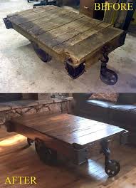 Beginning on one end of the cart, tap from the underside of the deck board with the sledge hammer. Restored An Old Lineberry Cart Into A Coffee Table Cart Coffee Table Coffee Table Restoration Coffee Table Restoration Hardware
