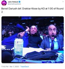 Beneil dariush looked to be in trouble in his fight against drakkar klose but things changed in an instant when he delivered an amazing comeback knockout in the second round at saturday night's ufc 248 event. Beneil Dariush Def Drakkar Klose By Ko At 1 00 Of Round 2 Joe Rogan Daniel Cormier And Jon Anik Ufc 248 Reaction Know Your Meme