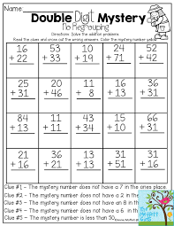 Double Digit Mystery Solve The Addition Problems Then Use The Clues To Find The Mystery Number Per First Grade Worksheets Second Grade Math 2nd Grade Math