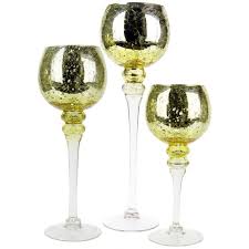 Crafted of mercury glass with antiqued gold finish. Metallic Gold Mercury Glass Stem Candle Holders Wholesale