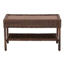 Hampton Bay Cambridge Brown Rectangular Wicker Outdoor Coffee Table With Faux Wood Table Top Resin Wicker Patio Furniture Outdoor Coffee Tables Wood Table Top