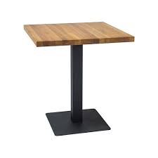 Square dining table with barn texture and tapered legs, weathered gray. Puro 80x80 Oak Black One Leg Square Dining Table Signal