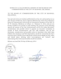 NOTICE OF A CALLED SPECIAL SESSION OF THE BOARD OF CITY COMMISSIONERS OF  THE CITY OF SHAWNEE, OKLAHOMA TO THE BOARD OF COMMISSIO