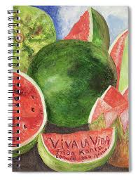 The intense reds and greens of this eye catching art piece mirror the color scheme of the artist's final painting. Viva La Vida Spiral Notebook For Sale By Frida Kahlo