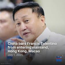 China imposed sanctions against former senator Francis Tolentino by banning  him from entering its mainland, Hong Kong, and Macao due to his alleged  “egregious conduct”