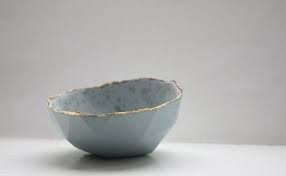 Geometric Faceted Polyhedron Blue Bowl From Stoneware Parian Porcelain With Real Gold Finish Mat Interior And Crystals Geometric Decor Blue Bowl Geometric Decor Geometric