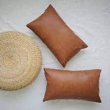 Althena pieced hide pillow cover. Buy Homfiner Set Of 2 Thick Faux Leather Lumbar Throw Pillow Covers 12x20 Modern Farmhouse Boho Small Long Accent Scandinavian Decor Rectangle Decorative Cushion Cases For Couch Bed Sofa Cognac Brown Online