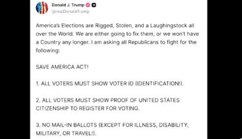 President #DonaldTrump calls Republicans to rally behind 'Save America Act,' a push for sweeping reforms to the U.S. voting system. In a recent Truth Social post, Trump outlined three key measures, including