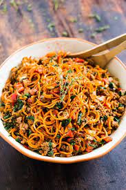 Sweet Potato Noodles With Chorizo Roasted Red Pepper And Spinach Recipe Sweet Potato Noodles Stuffed Peppers Veggie Noodles