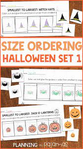 Halloween Theme Math Center To Practice Non Standard Measurement Size Ordering Worksheets And Cards With Dif Halloween Lesson Witch Hat Halloween Kindergarten