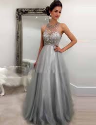 A Line Crew Neck Sleeveless Floor Length Grey Prom Dress With Beading Prom Dresses For Teens Long Grey Prom Dress Grey Evening Dresses