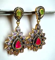 Ruby Emerald Amethyst Gemstone Earring, Pave Diamond 925 Sterling Silver  Beautiful Vintage Victorian Style Silver Earring Jewelry.