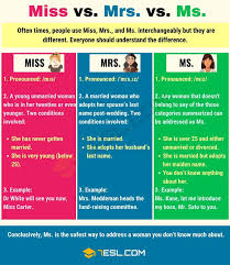 Miss Vs Ms Vs Mrs When To Address A Woman By Mrs Ms And Miss 7 E S L English Language Learning Learn English Vocabulary Learn English