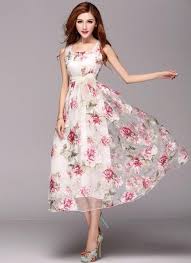 Elegant Maxi Dress Fabricated From Floral Printed Organza Featuring Scoop Neck And Long Flowy Skirt With Wide Pretty Dresses Gown Dress Design Fashion Dresses