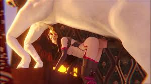 Une fille vêtue de lingerie se fait enculer par un cheval blanc