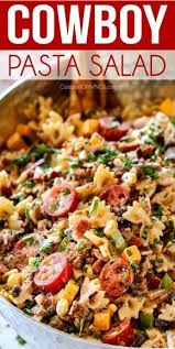 Italian inspired recipes · easy weeknight dinners Up Close Of Cowboy Pasta Salad With Ground Beef Black Beans Corn Tomatoes And Barbecue Sauce In A Metal Bowl Best Pasta Salad Salad Recipes Pasta Salad