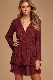 Close To You Burgundy Long Sleeve Pleated Mini Dress