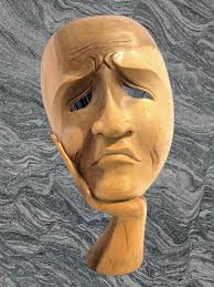 10 Inch Hand Carved Wooden Mask Contemplating Thinking Serious Sad Face  Hand Chin