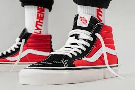 Black And Red High Tops Vans Sk8 Hi Og Black Red Release Date Sneaker Bar Detroit Vans Shoes Fashion Vans Sk8 Painted Shoes Diy