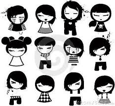 Black And White Characters Cartoon Little Emo Girls And Boys Character Illustrations Art Drawing Black White Illustration Character Illustration Illustrations And Posters