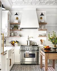 Love The Open Wood Shelving Flanking The Range Hood Modern Farmhouse Kitchens Home Kitchens Kitchen Interior