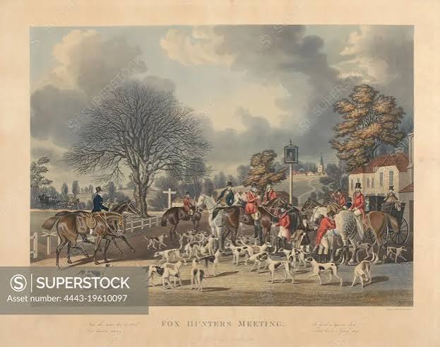 Fox-Hunting set of four: 1.Fox Hunters Meeting, Charles Hunt, 1803-1877, British, after James Pollard, 1792-1867, British, 1840, Aquatint, hand-colored, Sheet: 19 1/8 x 23 7/8in. (48.6 x 60.6cm) - SuperStock