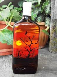 Painted Bottle In Acrylic Red Sunset Theme Wine Bottle Art Painted Glass Bottles Glass Bottles Art Our paintings include traditional wine bottles plus bottles that hold dessert beverages. wine bottle art painted glass bottles