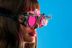 Woman wearing glasses with pink lenses