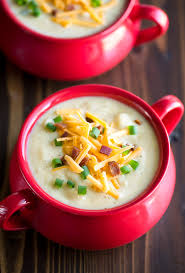 Loaded baked potato soup using chicken stock, cream cheese, and sour cream and then add cheddar cheese : Creamy Potato Soup With Bacon And Cheddar Peas And Crayons