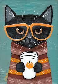 Autumn Coffee Black Cat Original Cat Folk Art Painting Folk Art Cat Black Cat Art Cat Art