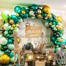Add baby shower accents like baby bottles, pacifiers, baby dresses, onesies, booties and cradles. Buy Jungle Safari Themed Balloon Garland Kit Green Aqua Blue Metal Gold Confetti Balloons And Palm Lvy Turtle Leaves For Baby Shower Decorations Boy Or Girl Birthday Wild One Online In Indonesia