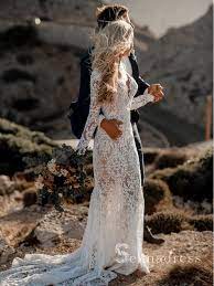 Rustic See Through Lace Wedding Dresses V Neck Long Sleeve Mermaid Wedding Dresses Sew007 Wedding Dresses Lace Long Sleeve Mermaid Wedding Dress Beach Wedding Dress