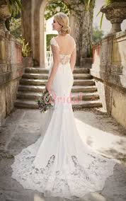 Low Back Lace Cap Sleeve V Neck Mermaid Bridal Gown Essense Of Australia Wedding Dresses Bridal Gowns Mermaid Wedding Dress Cap Sleeves