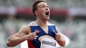 Norway's karsten warholm reacts after winning and breaking the world record in the men's 400m hurdles final during the tokyo 2020 olympic games. Ejoigvch613cam