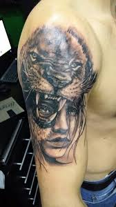 Lion Tattoo Indian Woman With Lion Black Gray Tattoo Girl With Lion Head Tattoo Woman With Lion Head Tattoo W Headdress Tattoo Lion Head Tattoos Tattoos