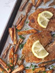 Sheet Pan Beer Battered Baked Fish And Chips Byte Sized Nutrition Recipe In 2020 Fish And Chips Beer Batter Fish N Chips Recipe