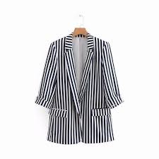 Black And White Striped Suit Womens Women Black White Strip Quarter Sleeve Blazer Casual Office Jackets And Suit Double Pockets Work Clot Stripes Fashion Women Clothes For Women Blazers For Women