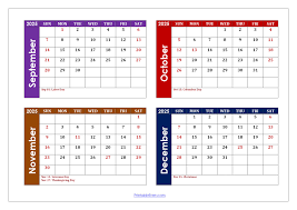 September to December 2025 Calendar Printable PDF | Four Months Calendar